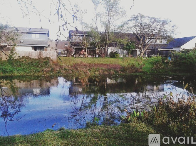 A calm pond in a grassy area with houses in the background.