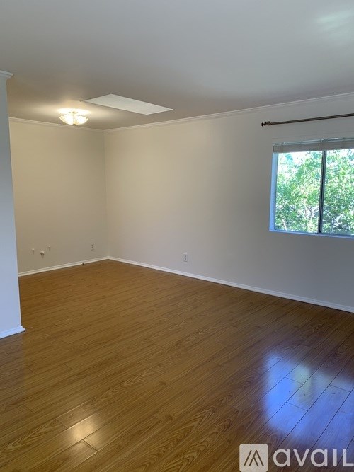 A room with wooden flooring and a window showing greenery outside.