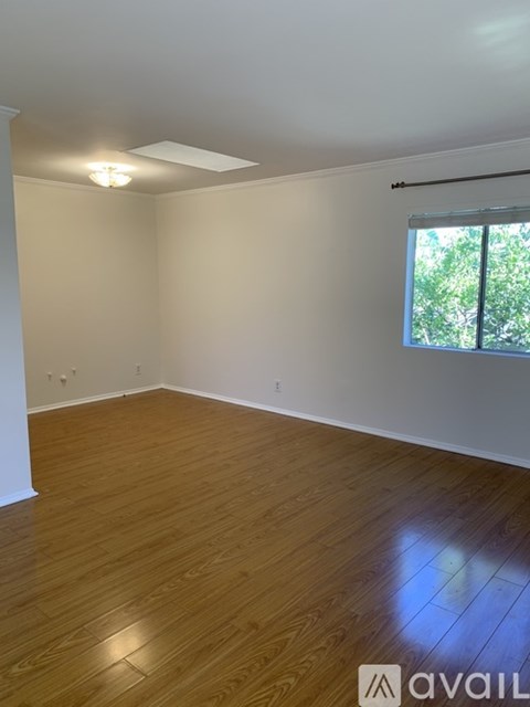 A room with wooden flooring and a window showing greenery outside.