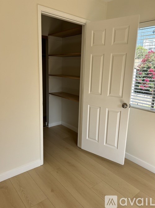 A small closet with a white door and a wooden floor.