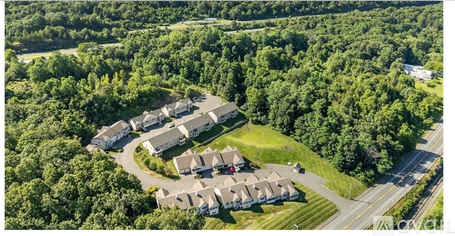 A bird's eye view of a residential area with houses surrounded by greenery.