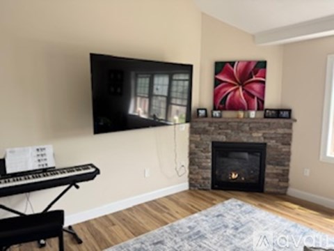 A living room with a fireplace and a television mounted on the wall.