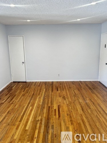 A room with wooden flooring and two white doors.