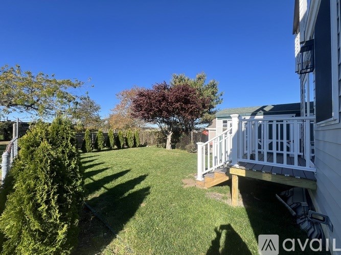 A well-maintained lawn with a white deck and a row of trees.