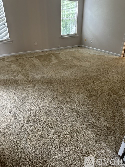 A room with a carpeted floor and a window with blinds.