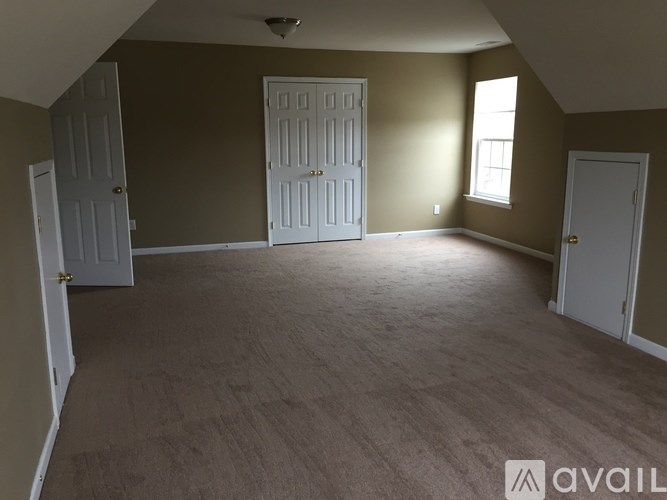 A room with brown walls and carpeted floor with four doors.