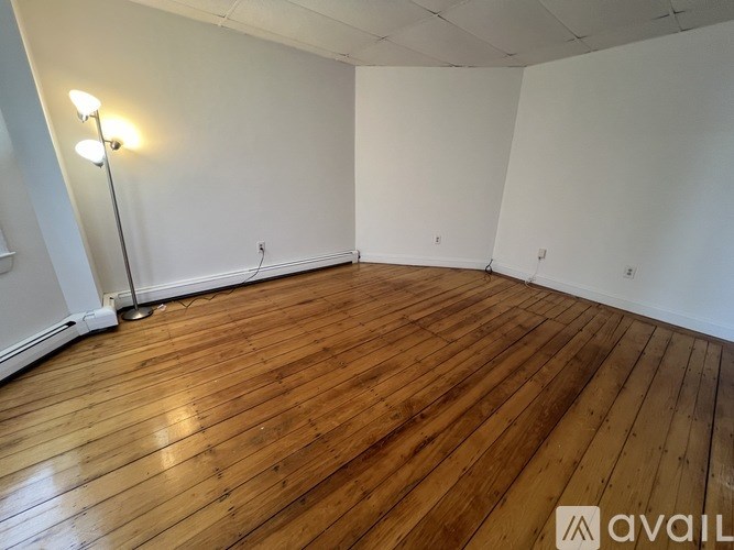 A room with wooden flooring and a floor lamp.
