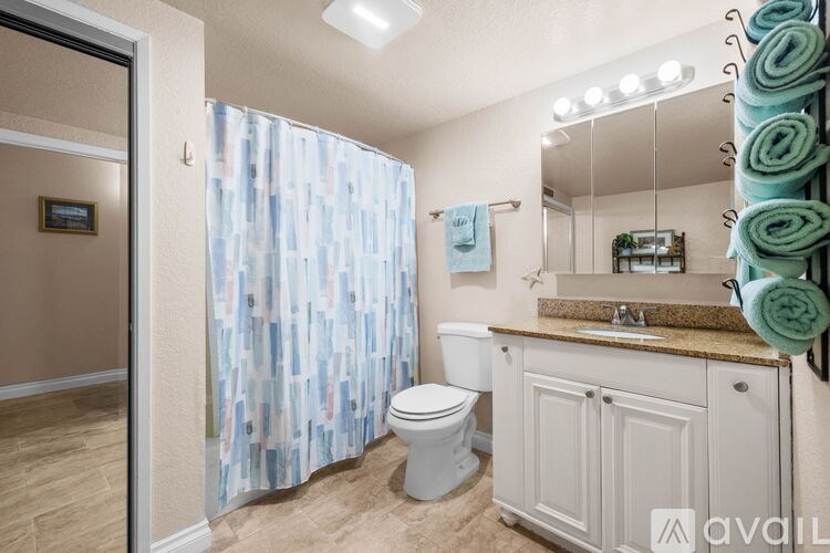 A bathroom with a toilet, sink, and shower curtain.