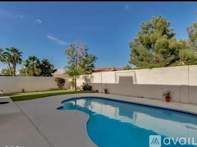 A pool in a backyard with a white wall and trees in the background.