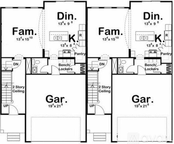 A floor plan shows two identical setups with garages, living rooms, dining areas, and kitchens.