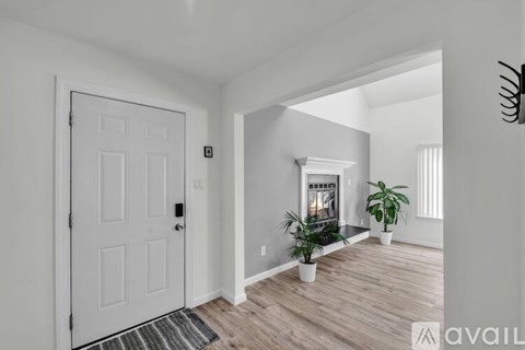 A white door is on the left of a hallway with a plant on the floor.