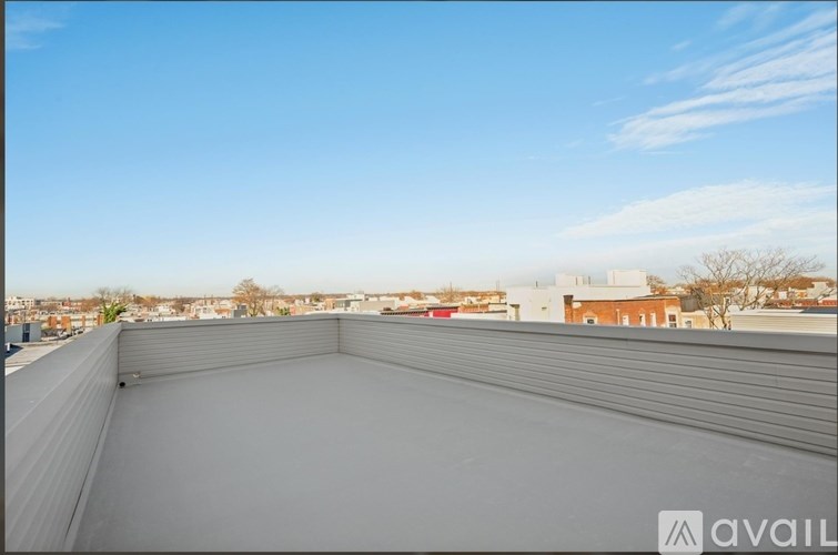 A rooftop with a clear blue sky and some buildings in the distance.