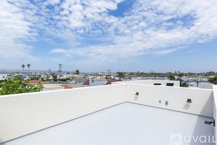A rooftop with a clear sky and some buildings in the distance.