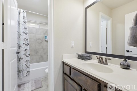 A bathroom with a white sink and a mirror.