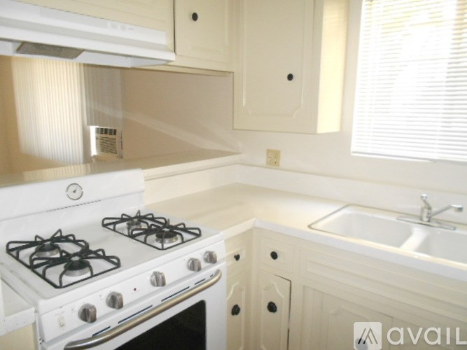 A white stove and sink in a kitchen.