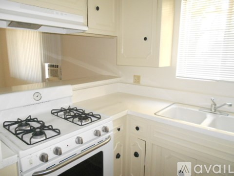 A white stove and sink in a kitchen.