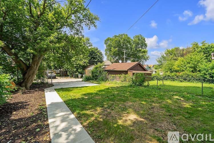 A sunny day in a green backyard with a house and a fence.