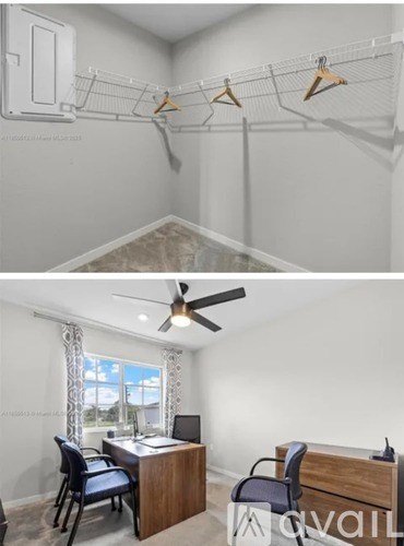 A room with a desk and chairs and a hanger on the wall.