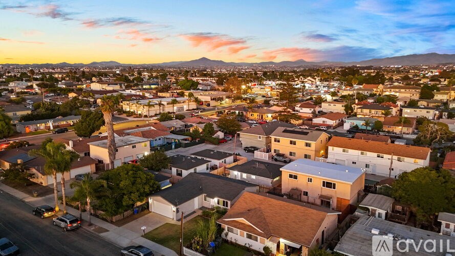 A neighborhood with houses and palm trees at sunset.