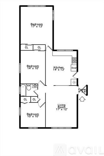 A floor plan of a house with three bedrooms and a living area.