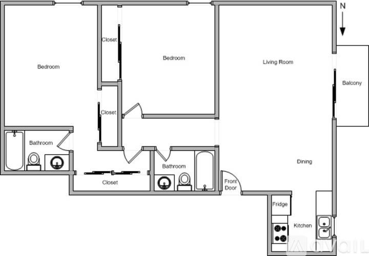 A floor plan of a house with two bedrooms, a living room, a dining room, a kitchen, a bathroom, and a balcony.