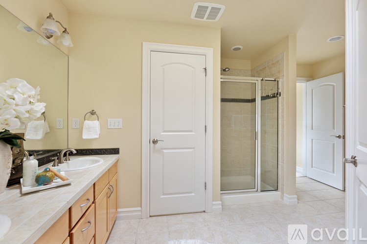 A bathroom with a sink, mirror, and shower.