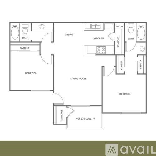 A floor plan of an apartment with two bedrooms, a living room, a kitchen, a dining area, two bathrooms, a closet, a pantry, and a storage area.