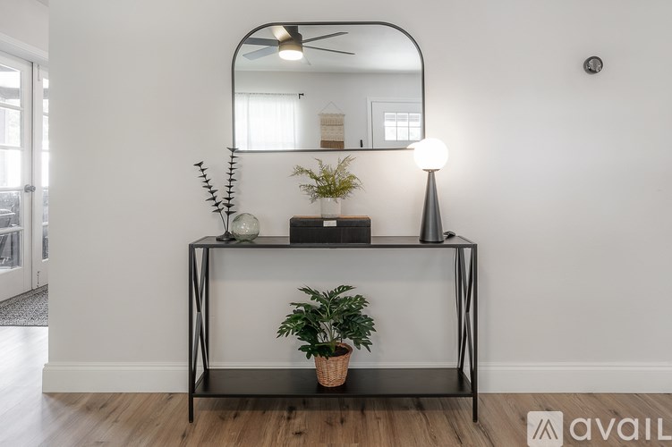 A console table with a mirror and a potted plant on it.