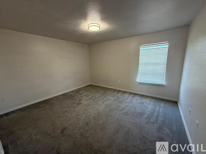 A room with a carpeted floor, a window with blinds, and a ceiling light fixture.