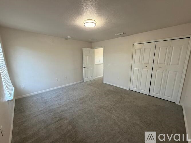 A room with a carpeted floor and two white doors.