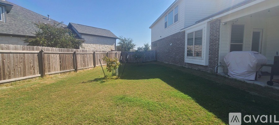A backyard with a wooden fence and a small tree.