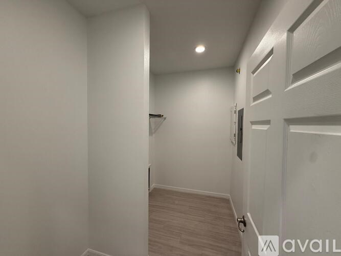 A hallway with a light on the ceiling and a door on the right.