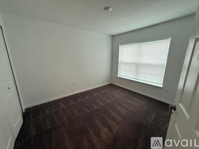 A room with brown carpet and a window with blinds.