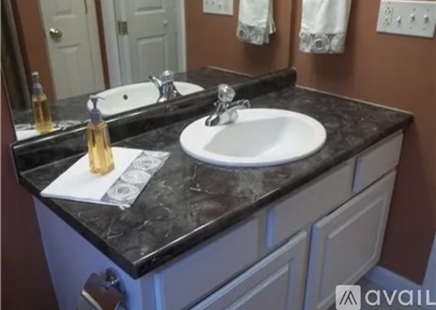 A bathroom with a black granite countertop and a white sink.