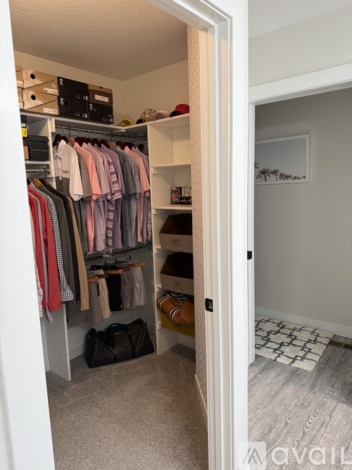 A white closet with clothes hanging and a bag on the floor.