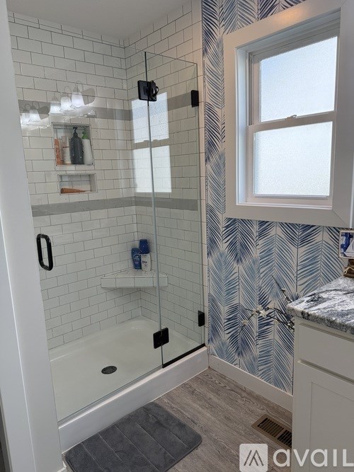 A bathroom with a walk-in shower and a window.