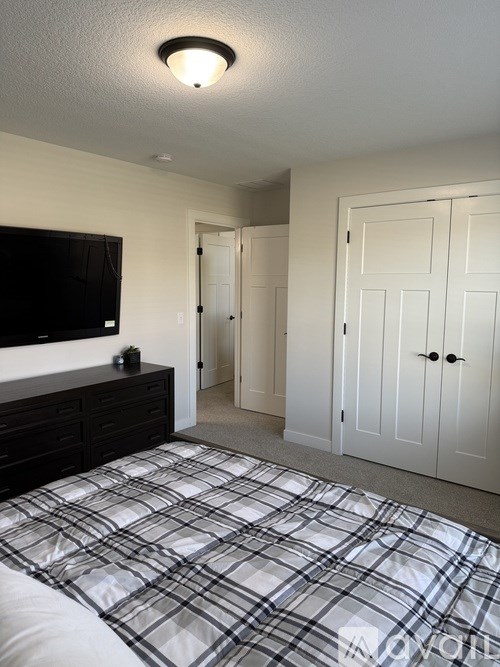 A bedroom with a bed, dresser, and a television.