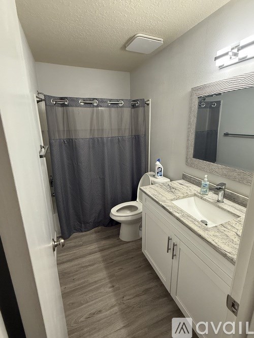A bathroom with a toilet, sink, and shower curtain.