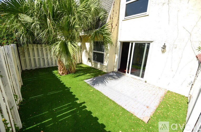 A backyard with a white fence and a palm tree.