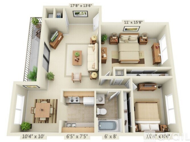 A 3D floor plan of a house with labeled dimensions.