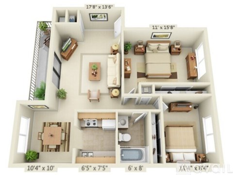 A 3D floor plan of a house with labeled dimensions.