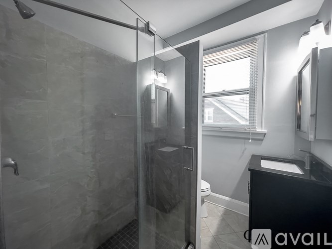 A bathroom with a walk-in shower and a toilet.