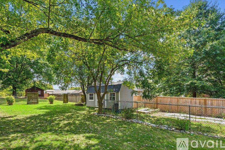 A tree with green leaves is in the foreground of a sunny backyard.