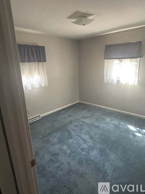 A room with a blue carpet and two windows with curtains.