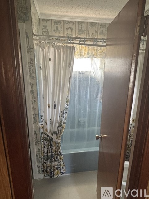 A bathroom with a shower curtain and a door.