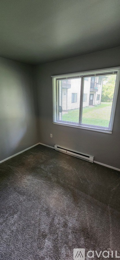 A room with a window and a carpeted floor.