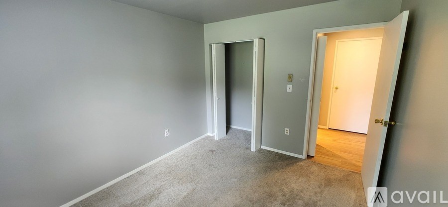 A room with a carpeted floor and two doors, one of which is open.