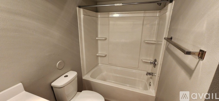 A white toilet sits next to a walk-in shower.