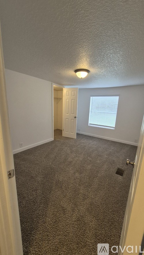 A carpeted room with a door and a window.