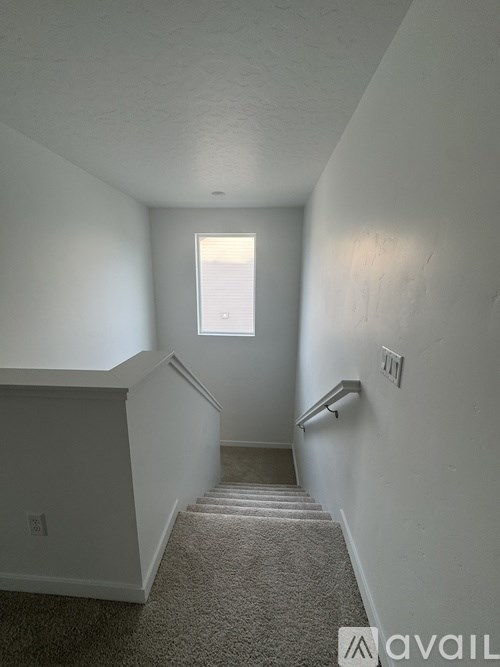 A carpeted stairway leading to a window.